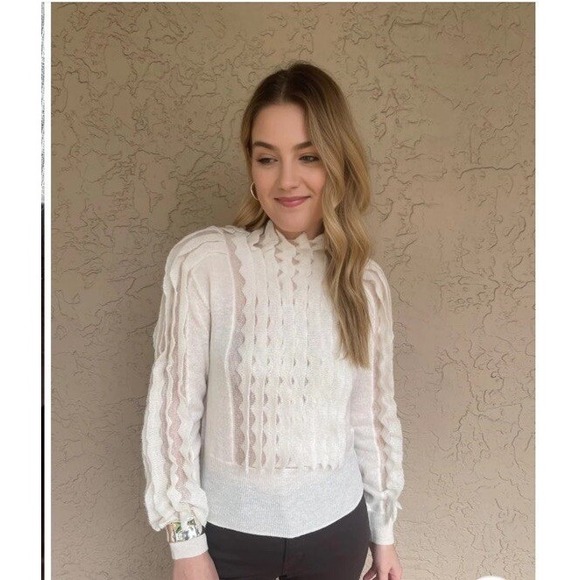 Sita Murt Sweaters - Sita Murt Cream Wool Alpaca Blend Ruffle Mock Neck Sweater Small Ivory White